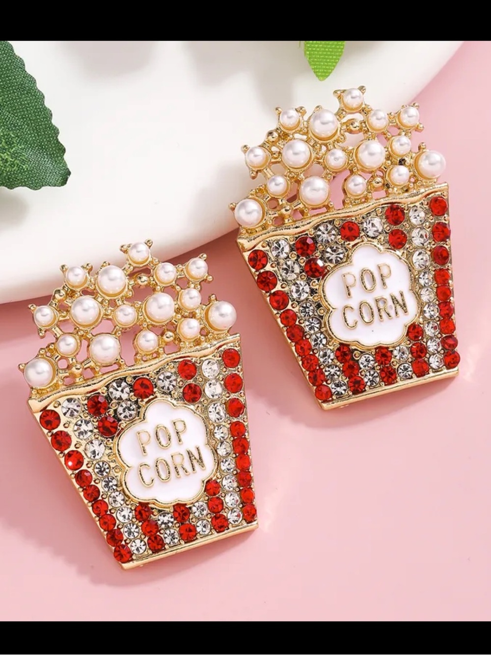 Popcorn Box Rhinestone & Pearl Earrings - Red, White, Gold